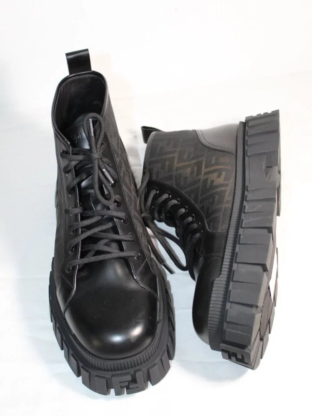 NEW FENDI Force Biker Boots FF Jacquard Canvas Lace Up Lug Sole Mens 12